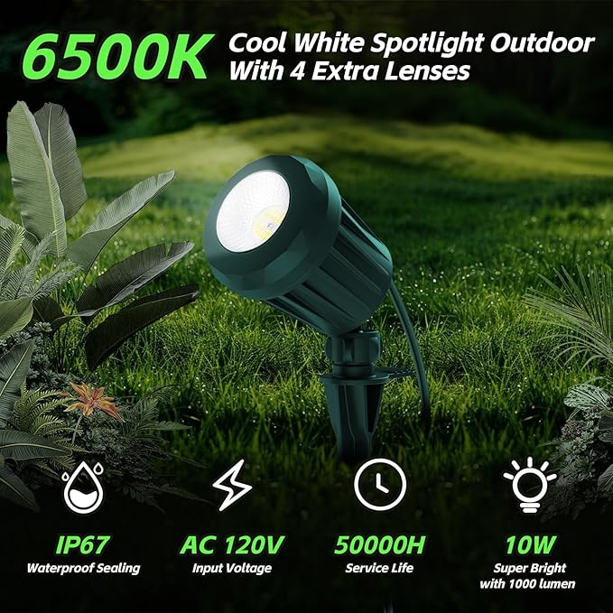 Spotlight Outdoor – 120V Plug-In, 6500K Cool White LED Landscape Lighting with RGB Purple 4 Color Lenses for Yard, Garden, Lawn & Tree Decor on Holidays&Everyday, IP67 Waterproof (4 Pack,Green)