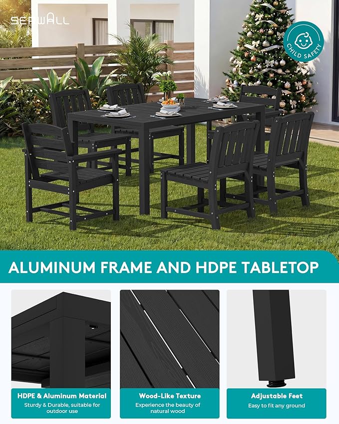 SERWALL 9-Piece Outdoor Dining Set, 60" - 83" Expandable Outdoor Dining Table and 8 HDPE Chairs, All Weather HDPE Outdoor Furniture Set for Backyard, Garden, Black