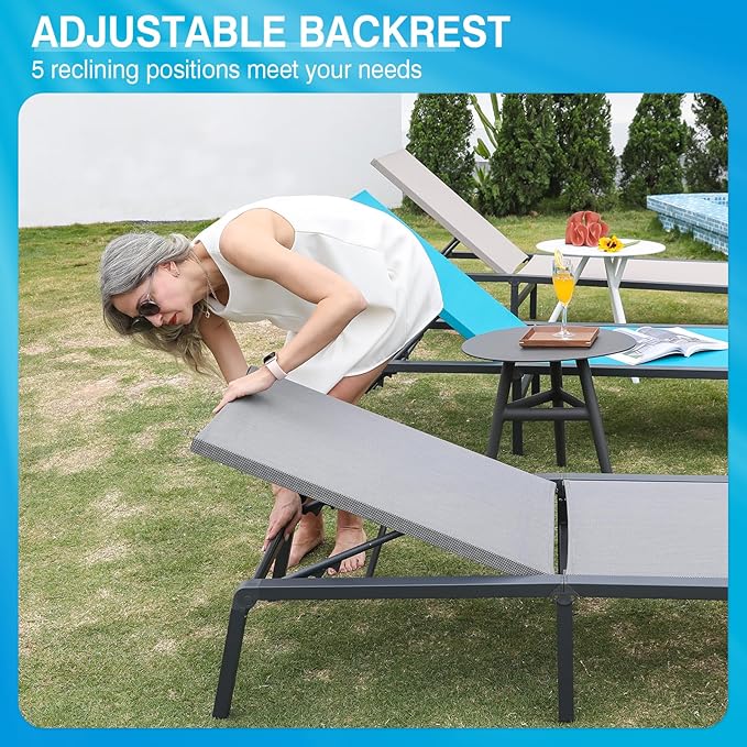 Aluminum Chaise Lounge Chair Outdoor, Foldable Patio Lounge Chair 2 Sets Assemble-Free, Pool Lounge Chairs with 5 Adjustable Backrest, Outdoor Lounge Chairs for Outside Poolside Beach Lawn Blue