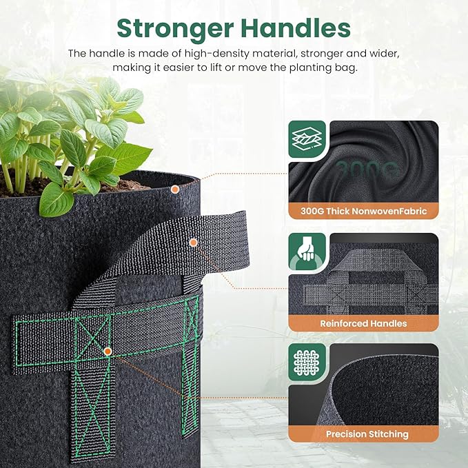 10 Pack 3 Gallon Grow Bags, Thickened Nonwoven Fabric Planter Pots with Handles, Heavy Duty 300G Garden Pots for Tomato, Potato and Vegetable