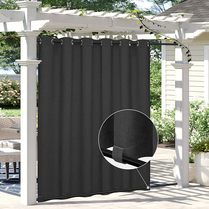 Easy-Going Linen Look Outdoor Curtains Waterproof Windproof Porch Curtains, Soft Thicken Outdoor Privacy Curtains for Patio, Gazebo, Grommet Top and Tab Bottom Drape, 1 Panel, 110x96 inch, Black