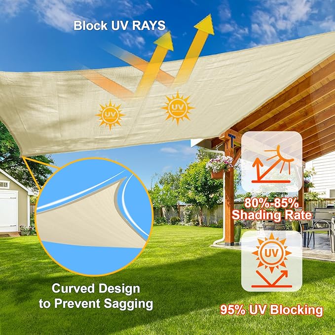 SUNLAX Sun Shade Sail 16' x 21' x 26.4' Butter Cream Rectangle Canopy Sail Shade Cover UV Block Permeable Sunshade Outdoor for Patio Backyard Deck Pergola (We Make Custom Size)