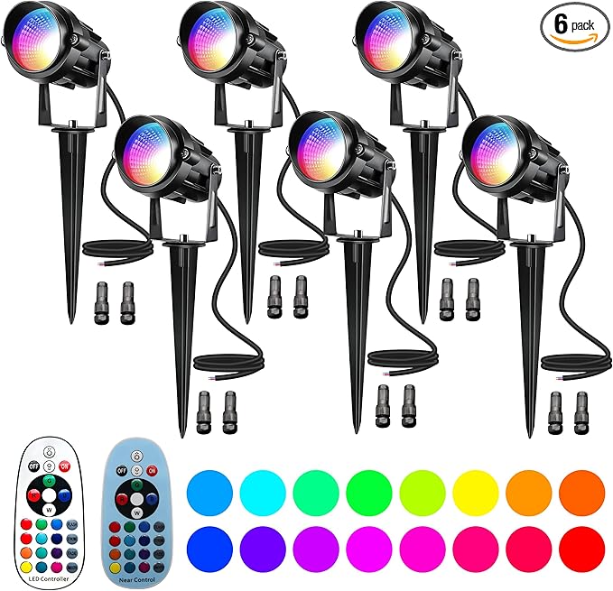 Christmas Landscape Lights 12W RGBW Outdoor Spot Lights for Yard, Low Voltage LED Landscape Spotlight with Remote Control, IP65 Waterproof Yard Spotlgiht for Lawn, Garden, 6 Pack