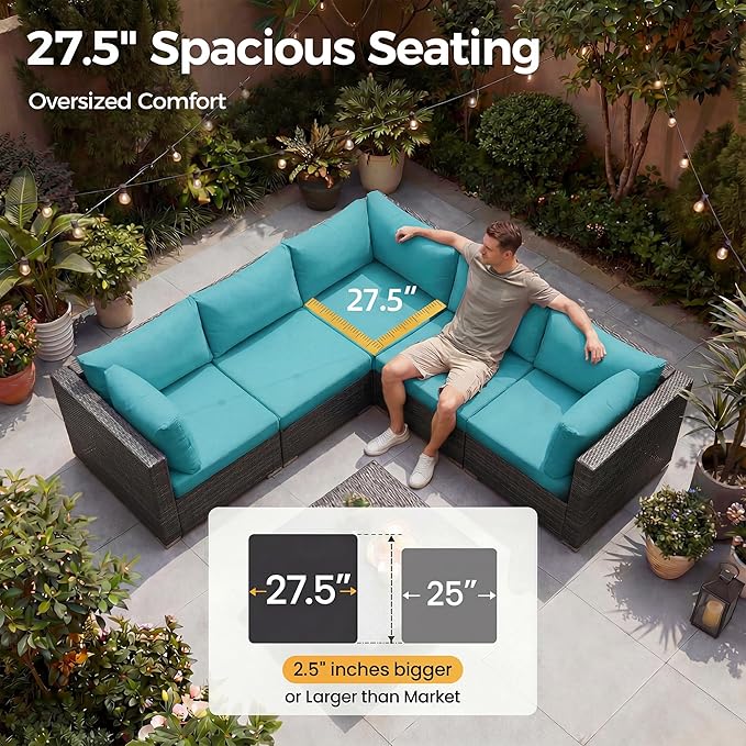 NICESOUL 29.3'' High-Back Outdoor Patio Furniture Set with Firepit Propane & Natural Gas, Oversized Deep Seat Rattan Conversations for Tall People, 7 Piece Couches, 2 Color Cushions Turquoise & Grey