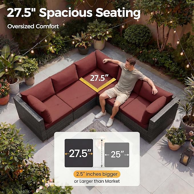 NICESOUL 13 Piece Wicker Outdoor Patio Furniture Set with Fire Pit, XL Size 10-Seater Patio Sectional with Firepit & Chaise Lounge, All Weather 500 lbs Heavy Duty Outside Sofa, Grey & Red