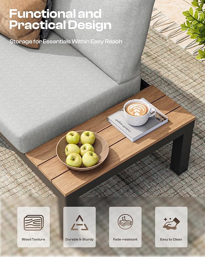 Aluminum Outdoor Patio Furniture Set, 4 Seats Modular Patio Sectional Sofa Set with Adjustable Backrest & Removable Cushions, All-Weather Outdoor Conversation Sets for Garden & Yard, Gray