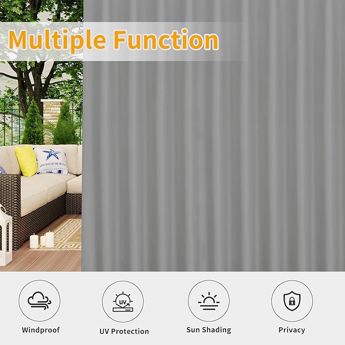 Easy-Going Outdoor Patio Curtains Detachable Tab Top Windproof Weatherproof Curtain for Cabana, Porch, Pergola and Gazebo, Tab Bottom Drape, 2 Panels, 54W x 120L inch, Light Grey