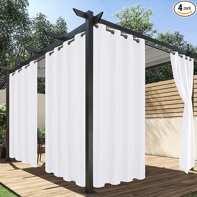 HolidayIdeas White Outdoor Curtains for Patio Waterproof, 4 Panels - 54 x 108 Inch - Privacy Protection & Light Filtering Curtains Grommet Outside Curtains for Porch, Gazebo, Pergola, Backyard