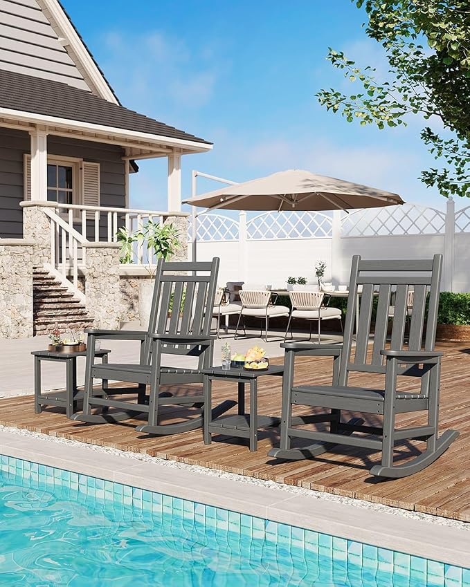 HDPE Rocking Chair Outdoor Set of 6 - Poly High Back Porch Rocker Chairs for Adults - All Weather Resistant Furniture for Patio Front Porch - Gray