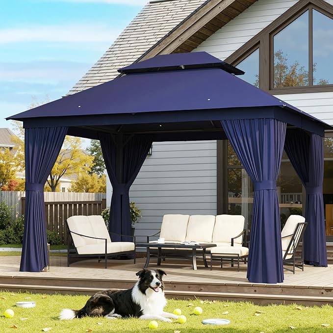 AOXUN Outdoor Gazebo for Patio 10x12 Metal Frame Canopy with Double Roofs Heavy Duty Party Tent and Shelter with Mosquito Netting and Privacy Screen for Backyard, Lawn, Garden, Deck (Navy Blue)
