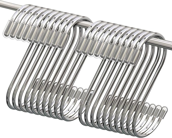 Myfolrena 20 Pack S Hooks for Hanging, 3.4 Inch Metal S Shaped Hook Heavy Duty Hanging Hooks for Pots, Pans, Plants, Bags, Cups, Clothes (Silver)