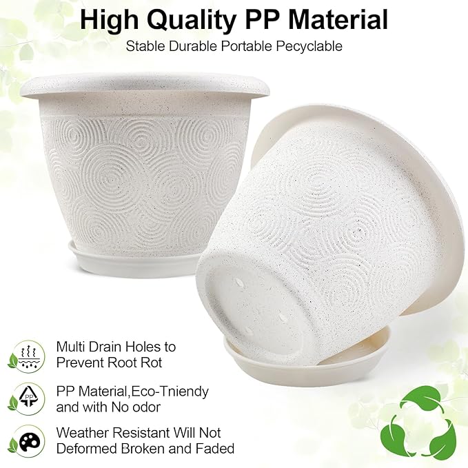 Plastic Flower Pots Planters for Indoor Plants, 4 Pack 16 Inch White Plant Pots with Drainage Hole & Tray, Modern Decorative Large Plant Pot with Saucer for Indoor Outdoor Plants Garden House Planter