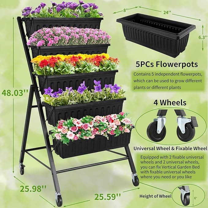 Homdox 4FT Vertical Garden Bed, 5 Tiers Raised Garden Planter, 25.6 * 26 * 48Inch with 4 Hooks & 4 Wheels, Vegetable Flower Stand for Garden Patio Yard, Black
