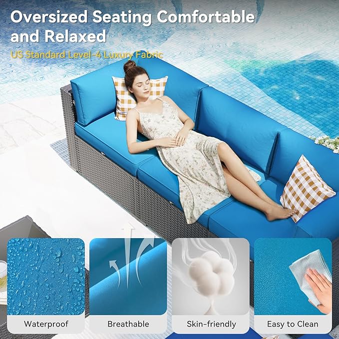 Aoxun Patio Furniture Set, 11 Piece Outdoor Sectional Sofas with Waterproof Cover, 10 Seats Wicker Rattan Outdoor Furniture Patio Conversation Set for Backyard, Garden Peacock Blue