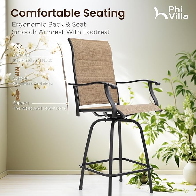 PHI VILLA Outdoor Bar Set with 4 Swivel Bar Height Patio Chairs, Wooden-Like Patio Bar Table and Chairs Furniture Set with Brown Padded Textilene Fabric for Outside, Garden and Deck