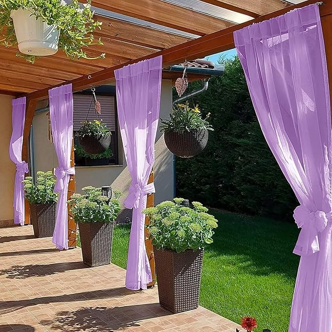 SpaceDresser Waterproof Outdoor Sheer Curtains for Patio - 4 Panels Rod Pocket Indoor Voile Sheer Curtain for Living Room,52W x 96L inch, Lavender
