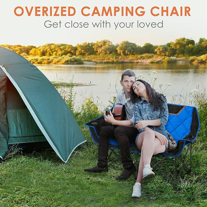 EMERIT Double Camping Chair Oversized Padded for Adults, Heavy Duty Folding Loveseat for Outdoor, Camping, Beach, Lawn, Concert 650LB