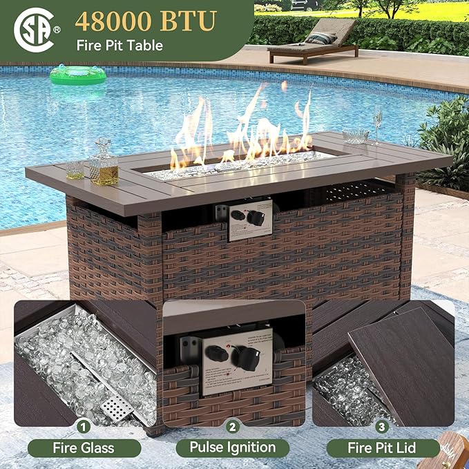 Aoxun 15 Piece Patio Furniture Set with 44” Fire Pit Table Wicker Rattan Outdoor Sectional Sofa Set with Coffee Table and Thickened Cushions, Blue (Waterproof Cover Included)