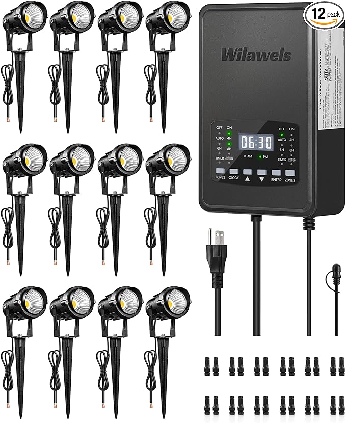 12 Pack Landscape Lights with 2 Zone 300W Low Voltage Transformer, 3000K 12V LED Landscape Lighting Kit, Waterproof Aluminum Landscape Spotlights with Connectors for Yard Tree Garden W01LK06