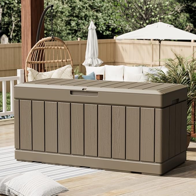 Greesum 82 Gallon Resin Deck Box All Weather Large Outdoor Storage for Patio Furniture, Toys, Garden Tools, Lockable, Light Coffee