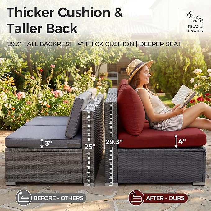 NICESOUL 9 Piece Extra Large Outdoor Patio Furniture Set with Firepit Table Natural Gas/Propane, 29.3'' High Back Gray Wicker Sectional Sofa, Deep Sitting Conversation,2 Color Cushion Burgundy & Gray