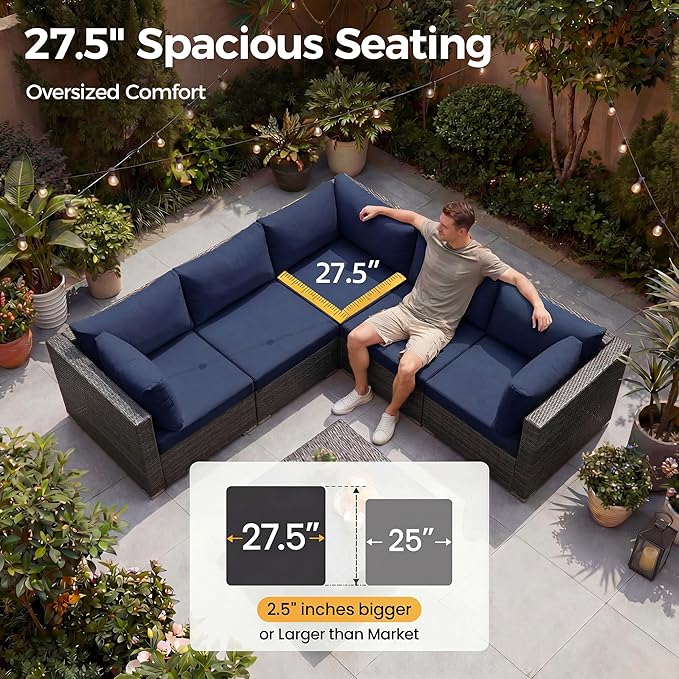 NICESOUL 7 Piece Outdoor Sectional Sofa Set with Firepit Natural Gas & Propane Convertible, Oversized Deep Seating Patio Furniture for Tall Person, 2 Color Cushion Navy & Gray for Easy Maintenance