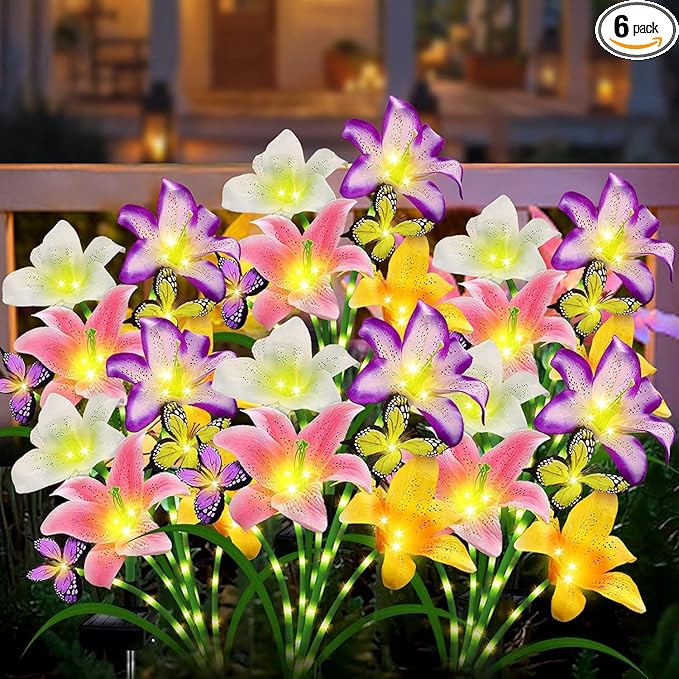 6 Pack Solar Garden Lights LED Solar Lilies Flower Lights, Yard Patio Pathway Decoration High Flexibility Copper Wire Handmade Silk Artificial Flowers Never Wither, Gift for Family, Friends