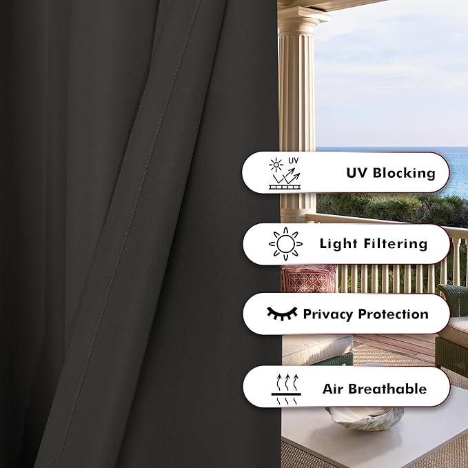 BONZER Waterproof Outdoor Curtains for Patio Porch Pergola Cabana Thick Privacy Extra Wide Grommet Indoor Curtains for Bedroom Living Room, 1 Panel, 150W x 84L inch, Charcoal