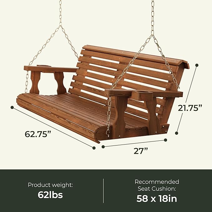 Amish Casual 5 Foot Roll Back Heavy Duty Wooden Porch Swing with Cup Holders in Cedar Stain - Amish Made in The USA from Treated Pine, Outdoor Hanging Bench Swing with 700 Lb. Weight Capacity