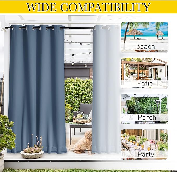 NICETOWN 2 Panels Outdoor Curtains for Patio Waterproof & Windproof, Extra Wide Grommet & Back Tab on Top & Bottom Thermal Insulated Sun Blocking Drapes with Rope for Deck, Stone Blue, W100 x L84
