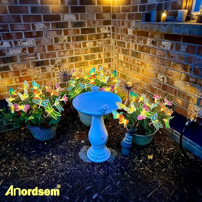Anordsem Solar Garden Lights Outdoor: 8 Removable Optical Fiber Butterflies 2 Pack - Waterproof Fun Animal Decoration for Yard Patio Path - Gardening Gifts for Garden Lovers Over 30