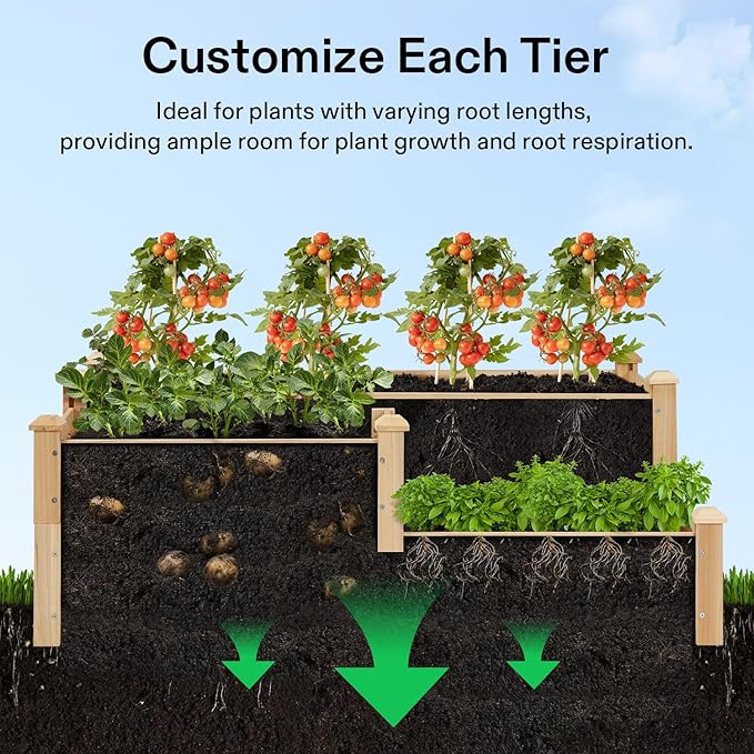 VIVOSUN 3-Tier 3-Grid Wooden Raised Garden Bed, 42.5 x 34.5 x 15 Inches, Outdoor Elevated Wood Planter Box with Screwdriver for Gardens, Patios, Backyards, Balcony and Outdoors