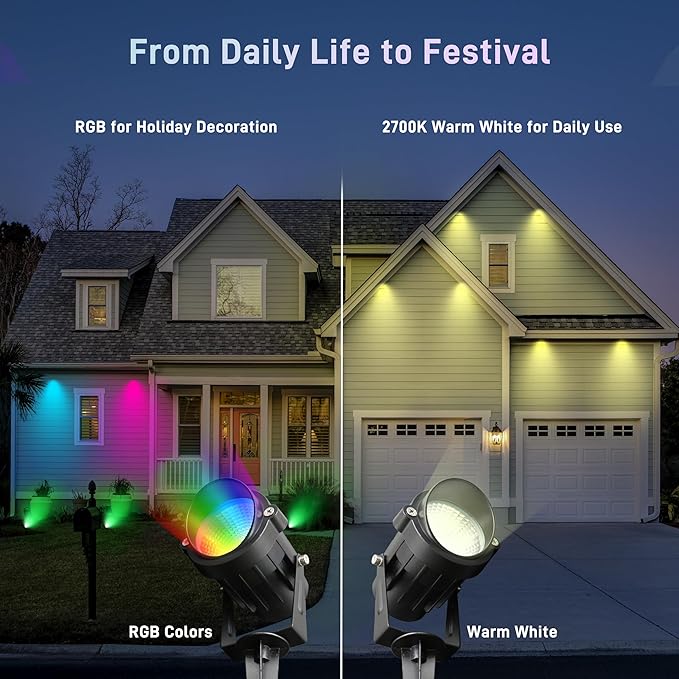 Christmas Landscape Lights 12W RGBW Outdoor Spot Lights for Yard, Low Voltage LED Landscape Spotlight with Remote Control, IP65 Waterproof Yard Spotlgiht for Lawn, Garden, 2 Pack
