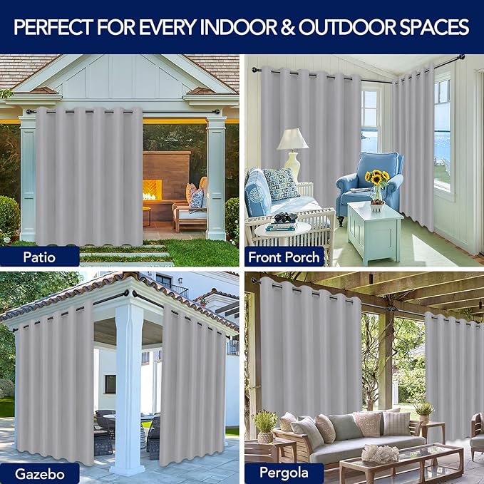 PureFit Outdoor Curtains for Patio Waterproof Weatherproof, UV Resistant Outside Curtains for Gazebo, Front Porch, Pergola, Sun Blocking Privacy Curtain, 100W x 84L inch, 1 Panel, Light Gray