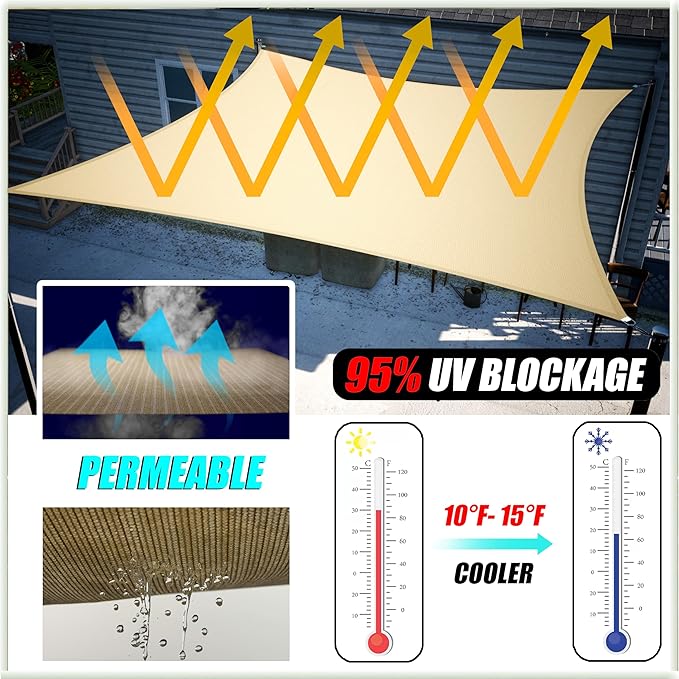 Amgo 20' x 20' x 20' Beige Triangle Sun Shade Sail UPF50+ Canopy Awning AGSLT, 95% UV Blockage, Water & Air Permeable, 200GSM Heavy Duty Commercial and Residential (We Make Custom Sizes)