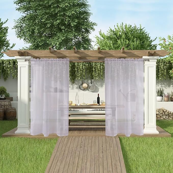 SpaceDresser Waterproof Outdoor Sheer Curtains for Patio - 4 Panels Rod Pocket Indoor Voile Sheer Curtain for Living Room,52W x 108L inch, Silver Grey