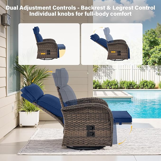Belord Swivel Outdoor Recliner Chair Set of 2 - Reclining Patio Chair with Adjustable Backrest and Footrest, All-Weather Wicker Chaise Lounge Chair Outdoor for Pool Deck Brown (Upgraded 2.0)