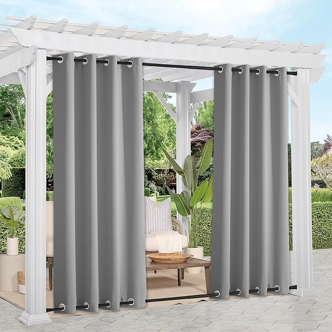 NICETOWN Outdoor Curtains Sunblock with Rustproof Grommet Top and Bottom 2 Panels, Thermal Insulated Fixed Windproof Blackout Outdoor Curtain Drapes Privacy for Patio, W52 x L95, Silver Grey