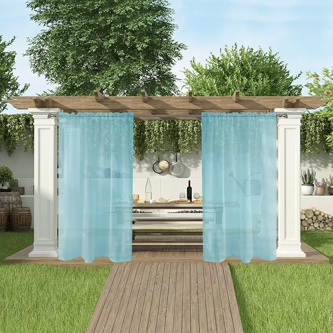 SpaceDresser Waterproof Outdoor Sheer Curtains for Patio - 2 Panels Rod Pocket Indoor Voile Sheer Curtain for Living Room,52W x 120L inch,Aqua