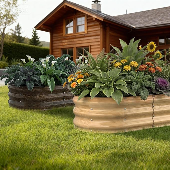 4x2x1FT Galvanized Raised Garden Beds,Raised Garden Bed with Safety Edging and Gloves,Oval Metal Planter Box for Gardening Vegetables Flowers Herb-Natural Oak