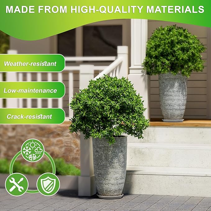 QCQHDU Set of 2 Oversized 9 Gallon Round Planters for Front Door & Patio - 12x21 Inch Tall Outdoor/Indoor Plant Pots with Drainage Tray, Gray Faux Stone Textured Tree Planters for Porch Decor
