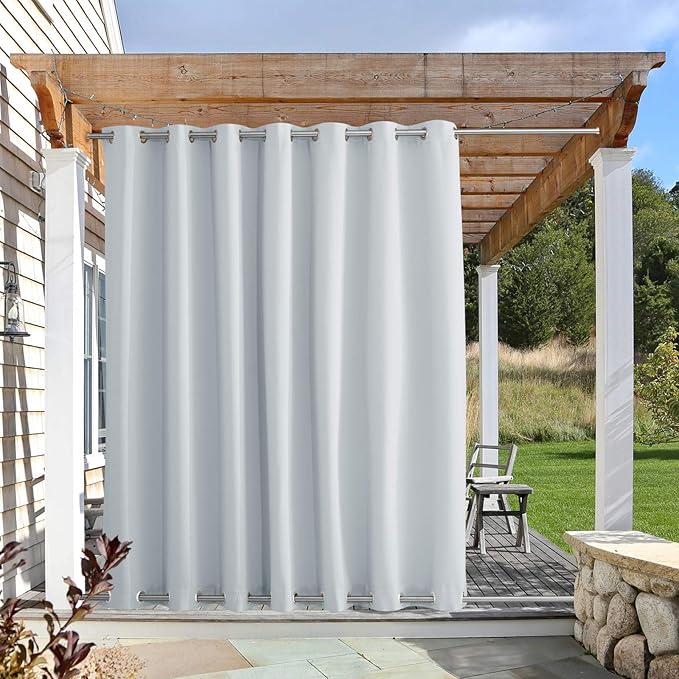 NICETOWN Privacy Outdoor Curtain for Patio Waterproof, Thermal Insulated Sun Block Rustproof Top & Bottom Grommet Windproof Indoor Outdoor Blinds for Balcony, Greyish White, 1 Panel, 100" W by 95" L
