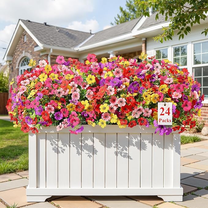 Alupssuc 24 Bundles Artificial Flowers for Outdoors Decoration, UV Resistant Silk Faux Daisy Flora Spring Fake Plastic Plants Greenery for Outside Indoor Yard Home Porch Window Box Decor, Mix 5 Colors