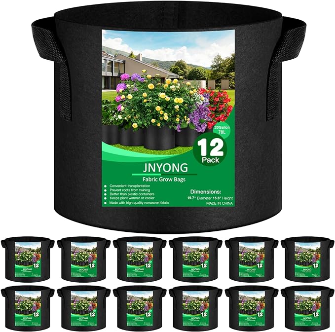 NYONG 12-Pack 20 Gallon Thickened Non-Woven Grow Bags, Aeration Fabric Pots with Handles（Black）