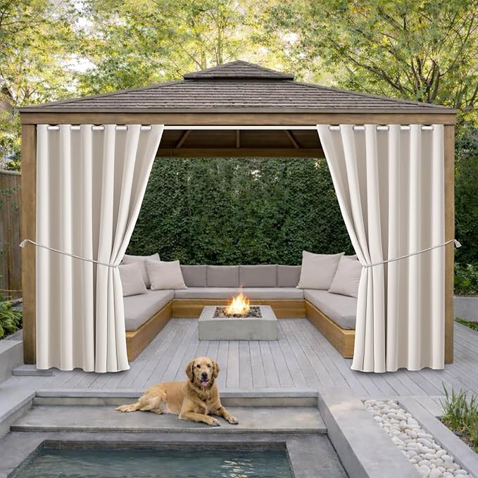 DIVA EN CAMINO DEC Outdoor Patio Curtain Waterproof Darkening Thermal Insulated Indoor Curtains for Bedroom, Porch, Living Room, Pergola, Cabana, W84 x L95, Cream, Set of 2 Panels