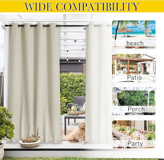 NICETOWN 2 Panels Outdoor Curtains for Patio Waterproof & Windproof, Thermal Insulated Top & Bottom Grommet & Back Tab Light Block Outdoor Drapes with Bouns Rope for Fixed, Beige, W84 x L84