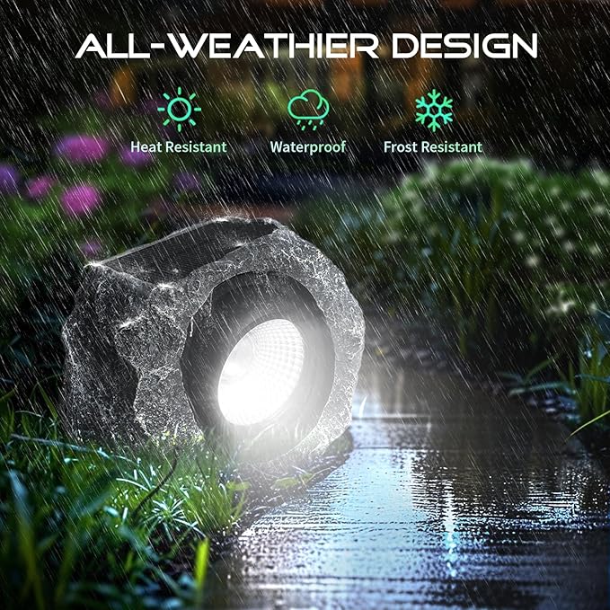 Solar Rock Lights Outdoor, Angle Adjustable Solar Lights Outdoor Waterproof, LED Solar Garden Lights, Auto On/Off Landscape Lighting for Yard, Pathway, Patio, Flower Bed - White Glow (Stone Gray)