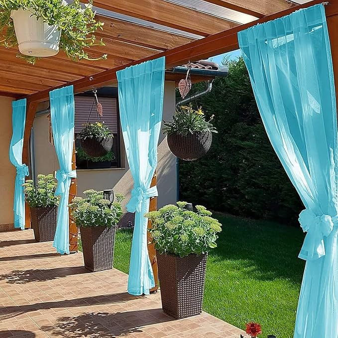 SpaceDresser Waterproof Outdoor Sheer Curtains for Patio - 2 Panels Rod Pocket Indoor Voile Sheer Curtain for Living Room,52W x 96L inch, Aqua