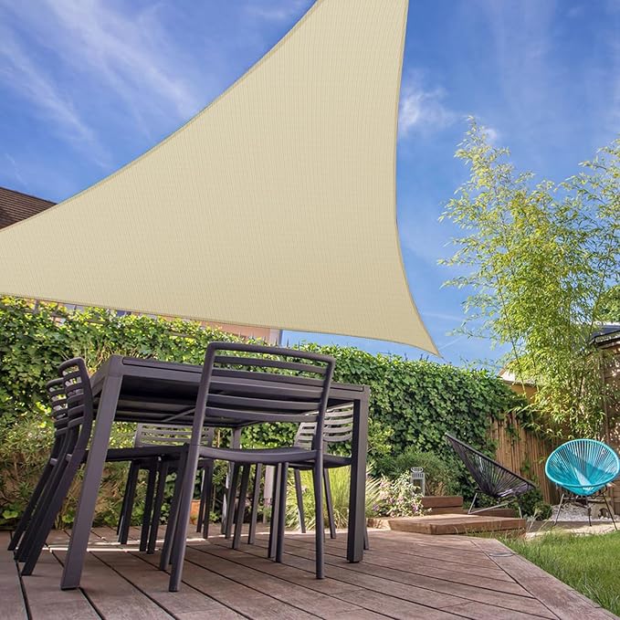 E&K Sunrise 15' x 15' x 15' Sun Shade Sail Triangle Canopy Shade Cover UV Block for Patio Backyard Garden Outdoor (Beige)