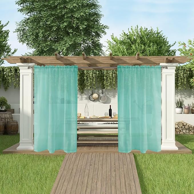 SpaceDresser Waterproof Outdoor Sheer Curtains for Patio - 2 Panels Rod Pocket Indoor Voile Sheer Curtain for Living Room,52W x 84L inch, Turquoise